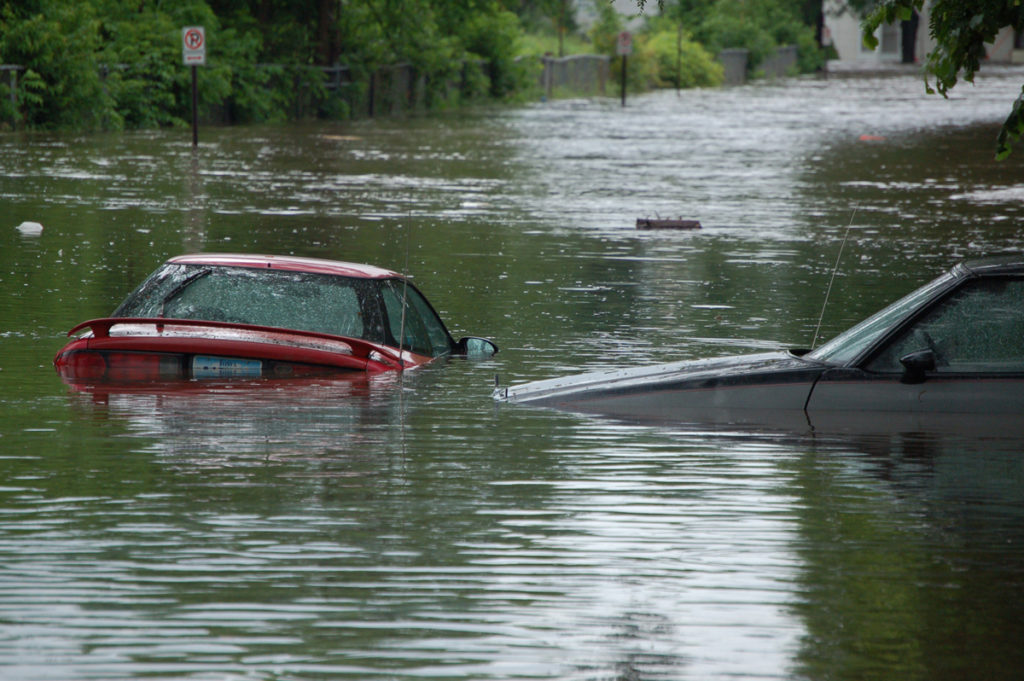 Cars submerged by flooding